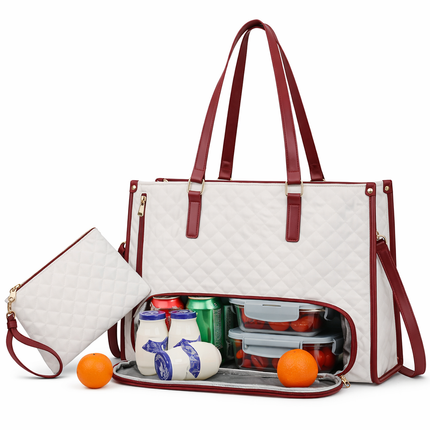 Coslifestore Quilted Tote Bag with Insulated Lunch Box/Laptop Compartment ,contains several pockets 