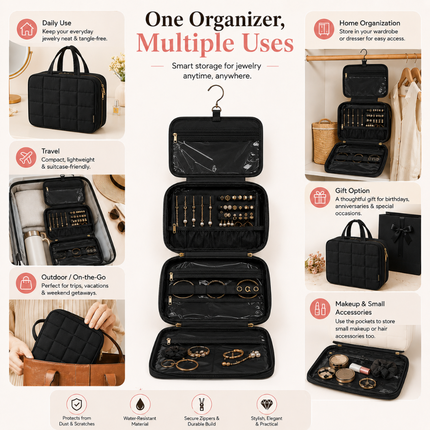 Foldable Travel Jewelry Organizer with Multiple Zip Pockets(Black)