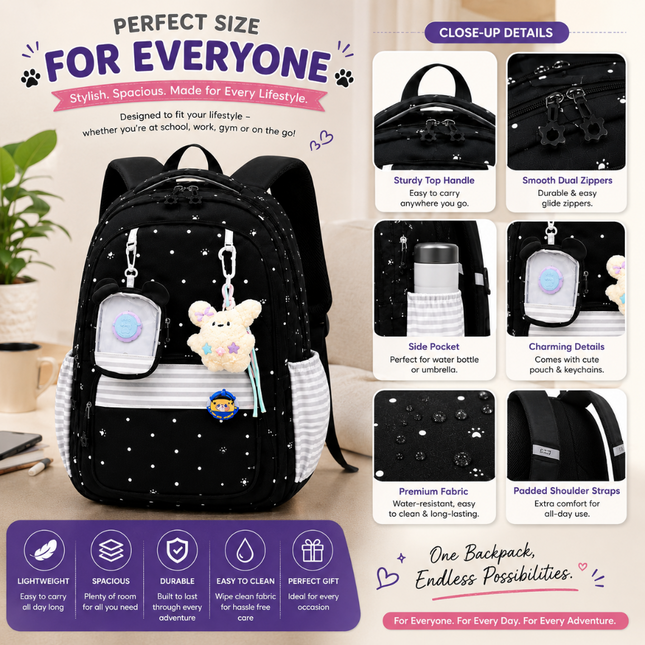 Coslifestore Cute Polka Dot Backpack School Bag with charms, badges and a coin pouch (Black)