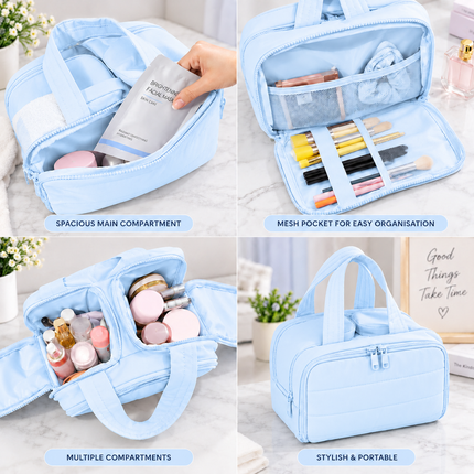 Premium Quilted 2-Side Opening Makeup & Travel Organizer Bag(Sky blue)