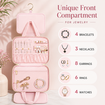Foldable Travel Jewelry Organizer with Multiple Zip Pockets(Pink)