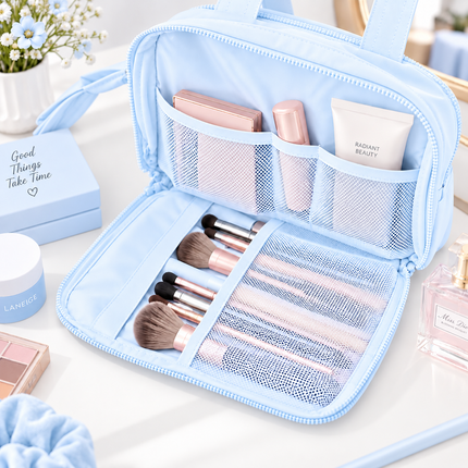 Premium Quilted 2-Side Opening Makeup & Travel Organizer Bag(Sky blue)