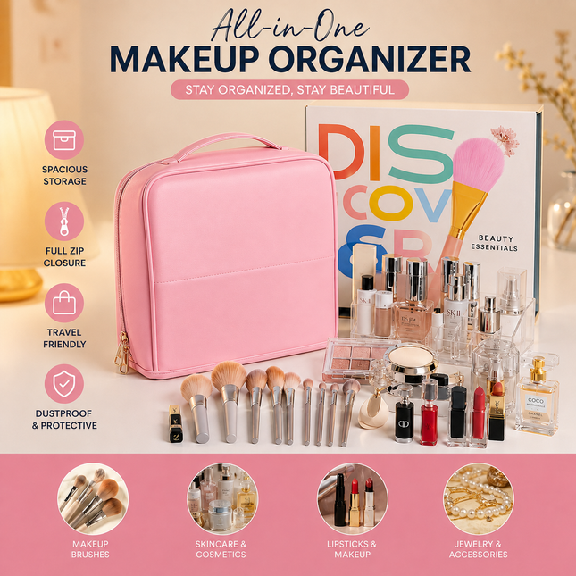 Travel Makeup Organizer Bag with Mirror(Pink)