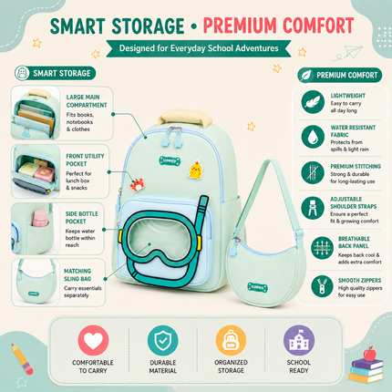 Kids School Backpack with Matching Sling Bag(Sea green)