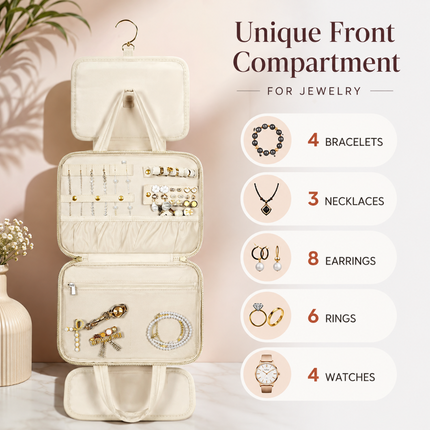 Foldable Travel Jewelry Organizer with Multiple Zip Pockets(White)