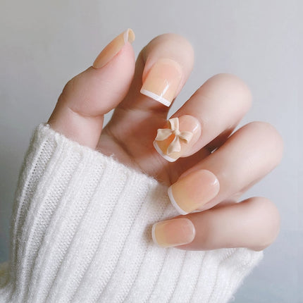 Ready to use Acrylic gel nails-Nude French with Bow- code-P001-16