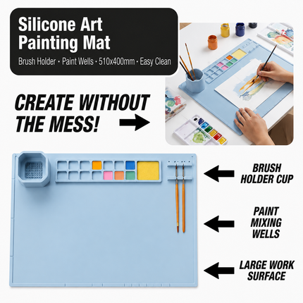 Silicone Painting Mat with Brush Cleaner, Holder & Paint Wells