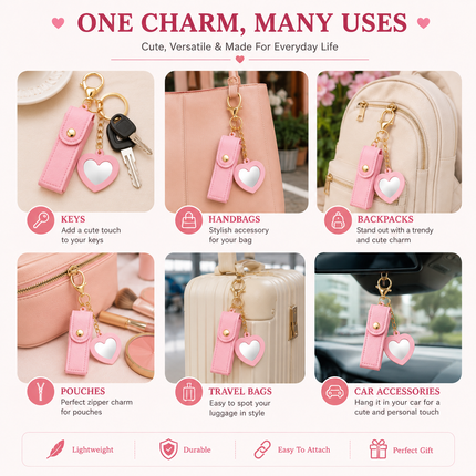 Pink Lipstick Holder Keychain with Heart Mirror Charm