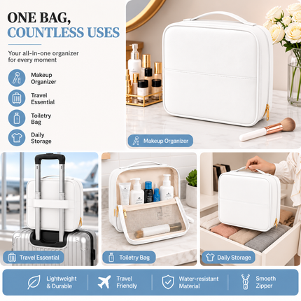Travel Makeup Organizer Bag with Mirror(White)