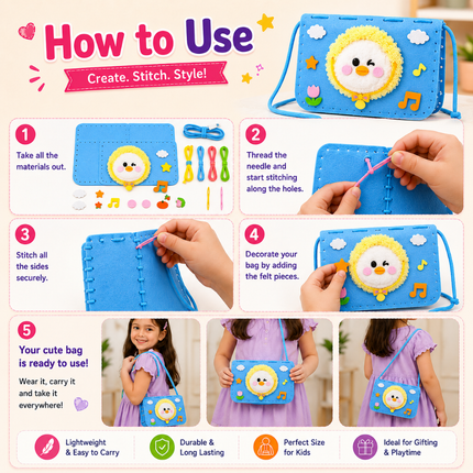 Handmade DIY Felt Shoulder Bag Craft Kit for Kids(Blue)