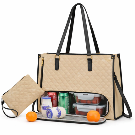 Coslifestore Quilted Tote Bag with Insulated Lunch Box/Laptop Compartment ,contains several pockets 