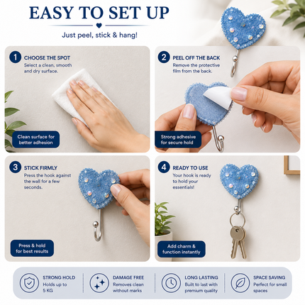 Cute Decorative Wall Hooks Pack of 2 (Heart)