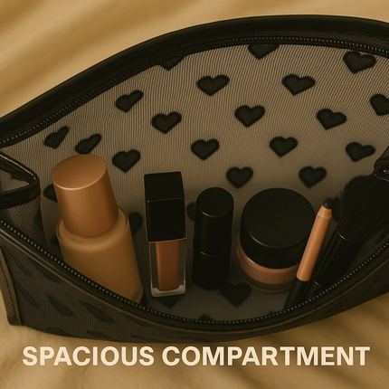 Mesh Cosmetic Pouch with Heart Design (Black)