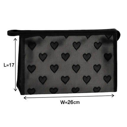 Mesh Cosmetic Pouch with Heart Design (Black)