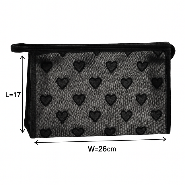 Mesh Cosmetic Pouch with Heart Design (Black)