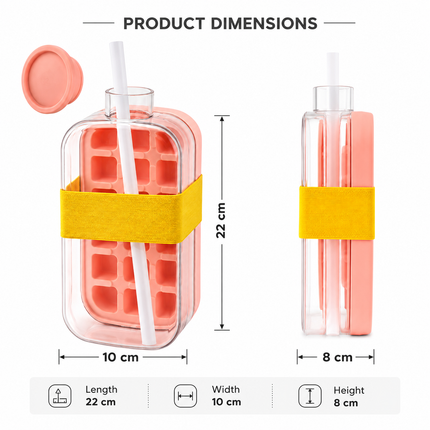 2-in-1 Ice Cube Tray Bottle with Straw, Pink