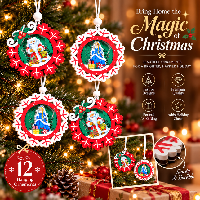 12 Pcs Christmas Ornaments for Tree, Hanging Wooden Christmas Decorations-B