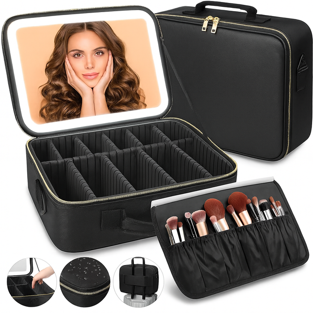 Large Makeup Case with LED Lighted Mirror(Black)