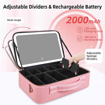 Large Makeup Case with LED Lighted Mirror(Pink)
