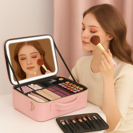 Large Makeup Case with LED Lighted Mirror(Pink)