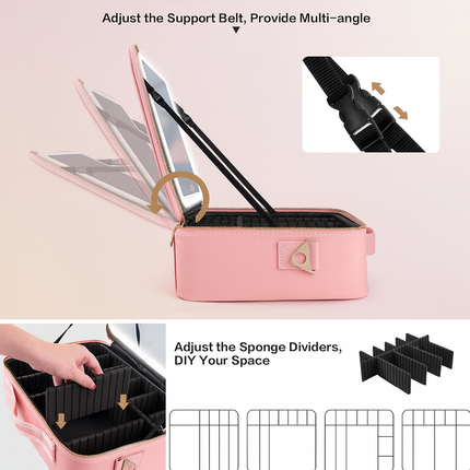 Large Makeup Case with LED Lighted Mirror(Pink)