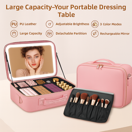 Large Makeup Case with LED Lighted Mirror(Pink)