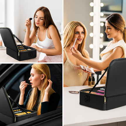 Large Makeup Case with LED Lighted Mirror(Black)