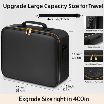 Large Makeup Case with LED Lighted Mirror(Black)