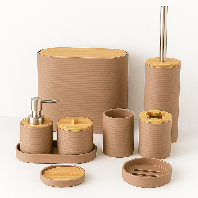 Coslifestore 8-Pcs Bathroom Accessories Set with Bamboo Lids â Includes Soap Dispenser, Toothbrush
