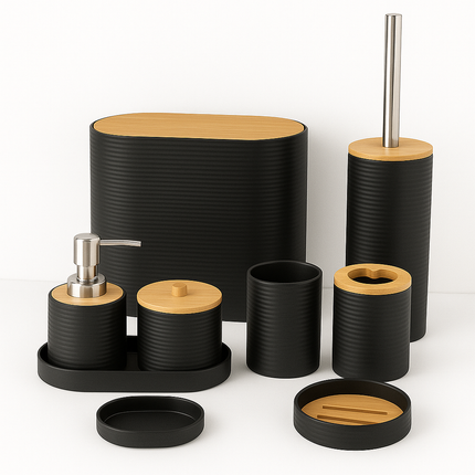 Coslifestore 8-Pcs Bathroom Accessories Set with Bamboo Lids â Includes Soap Dispenser, Toothbrush