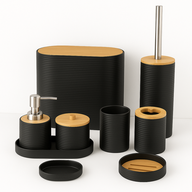 Coslifestore 8-Pcs Bathroom Accessories Set with Bamboo Lids â Includes Soap Dispenser, Toothbrush