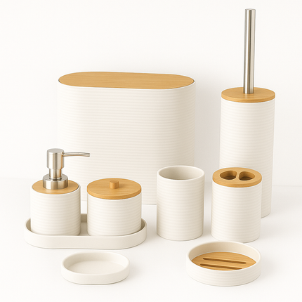 Coslifestore 8-Pcs Bathroom Accessories Set with Bamboo Lids â Includes Soap Dispenser, Toothbrush