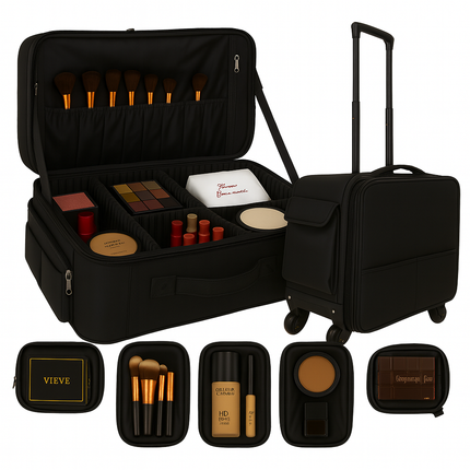 Professional Makeup Trolley Bag with 5 Transparent Storage Pouches & Free Lip Tray