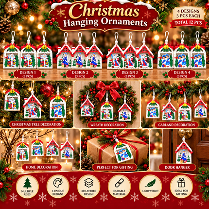 12 Pcs Christmas Ornaments for Tree, Hanging Wooden Christmas Decorations-D