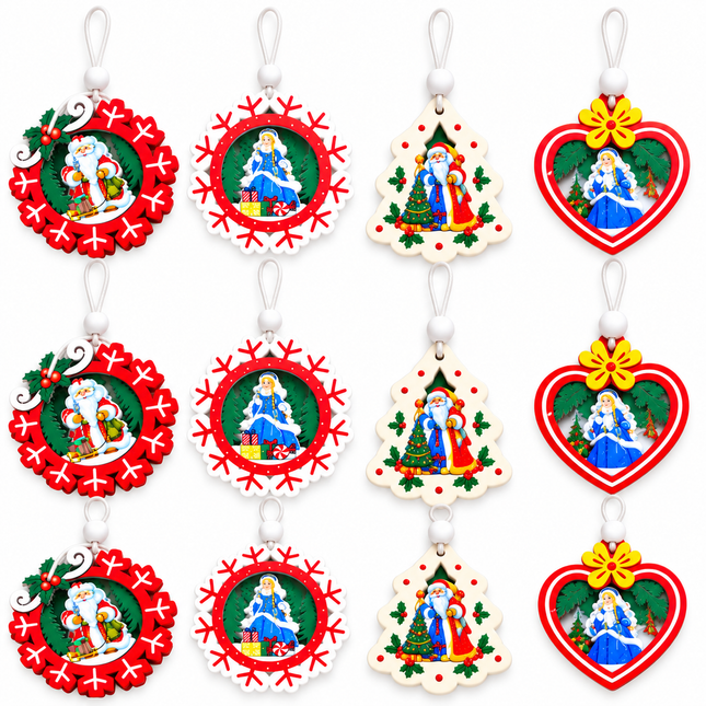 12 Pcs Christmas Ornaments for Tree, Hanging Wooden Christmas Decorations-B