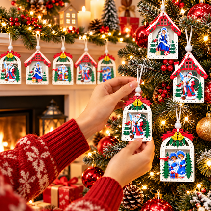 12 Pcs Christmas Ornaments for Tree, Hanging Wooden Christmas Decorations-D