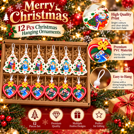 12 Pcs Christmas Ornaments for Tree, Hanging Wooden Christmas Decorations-C