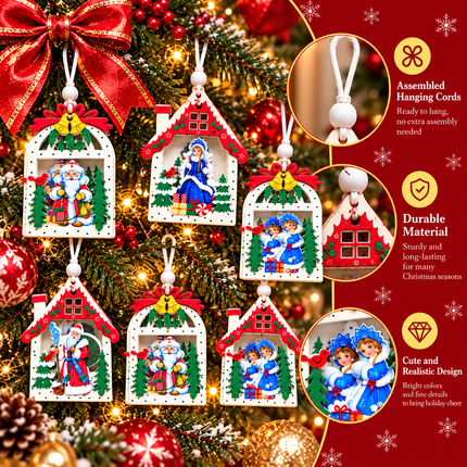 12 Pcs Christmas Ornaments for Tree, Hanging Wooden Christmas Decorations-D