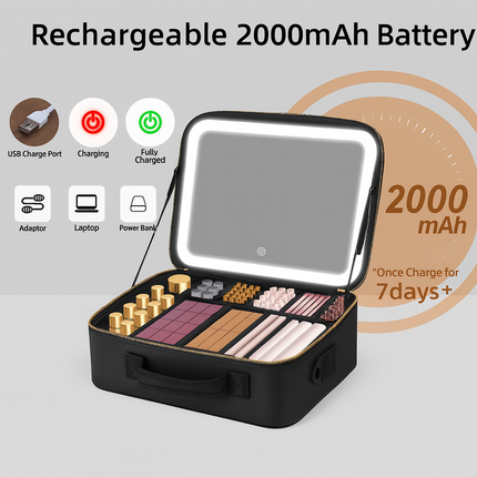 Large Makeup Case with LED Lighted Mirror(Black)