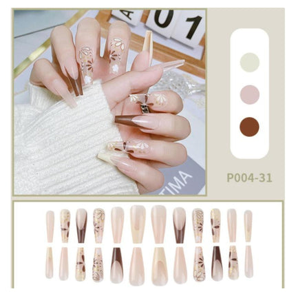 Ready to use Acrylic gel nails- Brown WHITE GOLD FLOWER- Code- UN-31