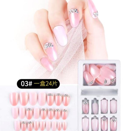 Ready to use Acrylic gel nails (code-677-03)-silver stones-metallic Pink-round shape (Long nails)