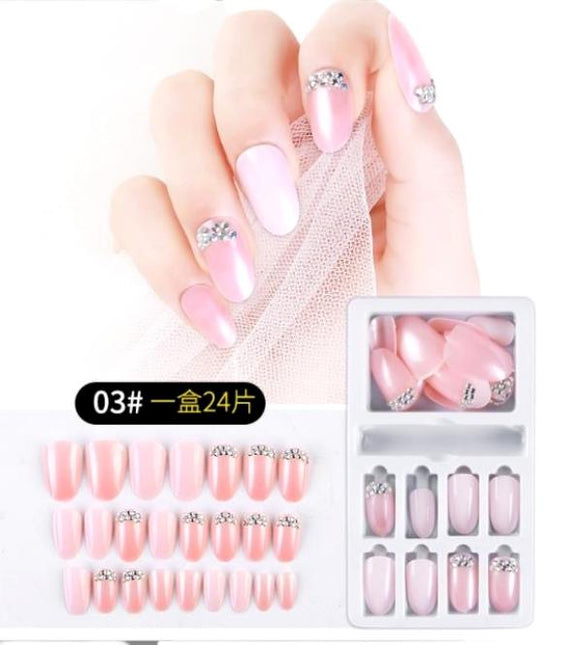 Ready to use Acrylic gel nails (code-677-03)-silver stones-metallic Pink-round shape (Long nails)