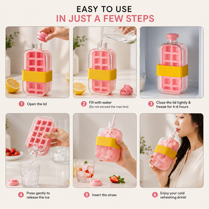 2-in-1 Ice Cube Tray Bottle with Straw, Pink