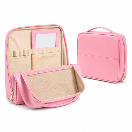 Travel Makeup Organizer Bag with Mirror(Pink)