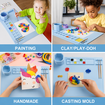 Silicone Painting Mat with Brush Cleaner, Holder & Paint Wells