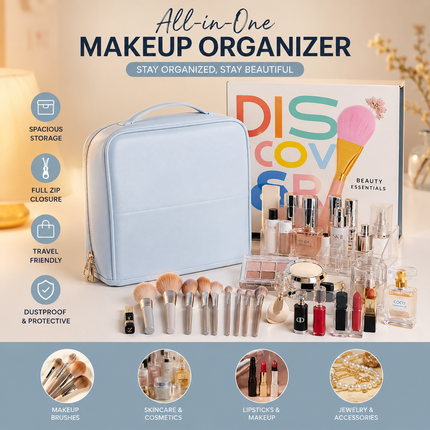Travel Makeup Organizer Bag with Mirror(Sky blue)