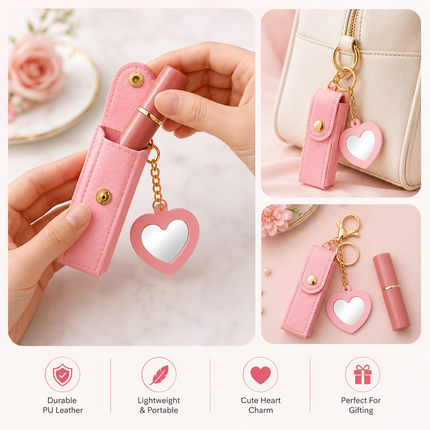 Pink Lipstick Holder Keychain with Heart Mirror Charm