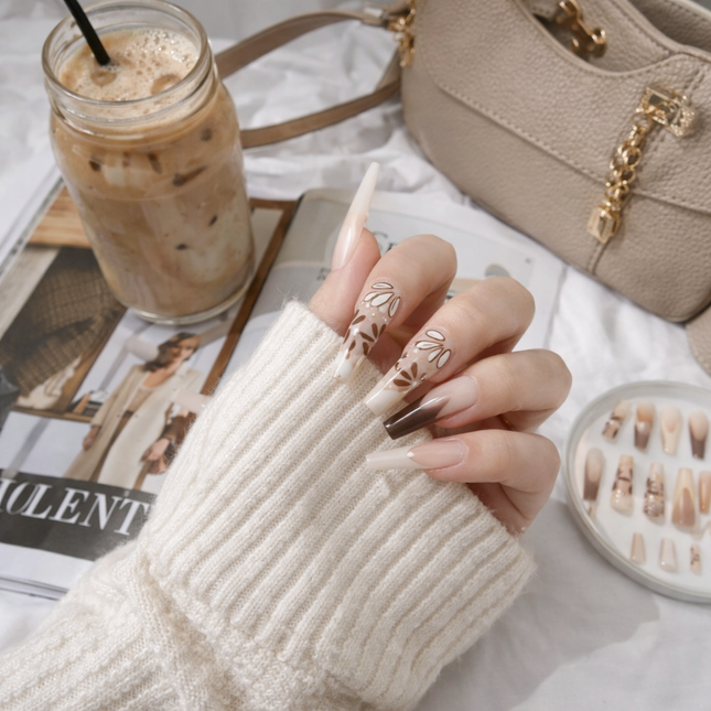 Ready to use Acrylic gel nails- Brown white gold flower (UN-31)