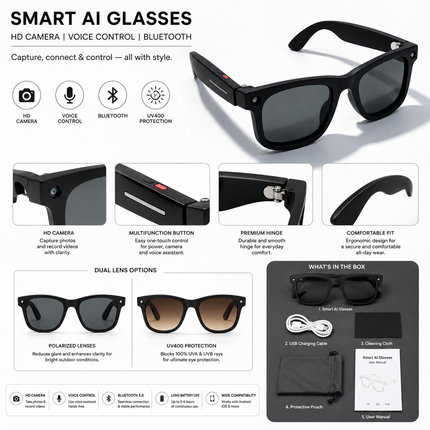 AI Smart Glasses with HD Camera & Bluetooth Voice Control