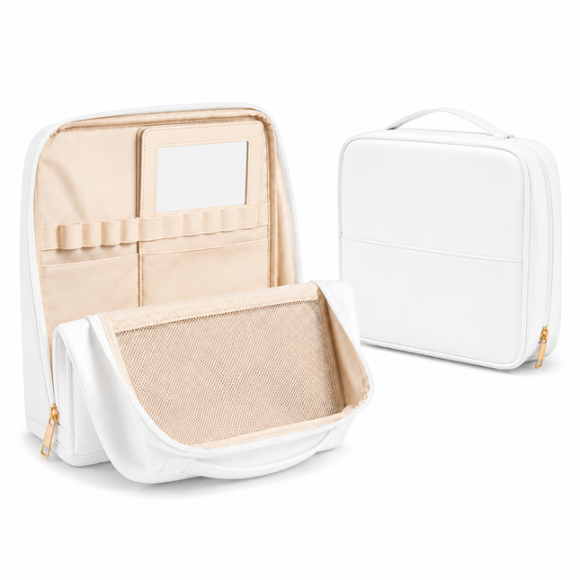 Travel Makeup Organizer Bag with Mirror(White)
